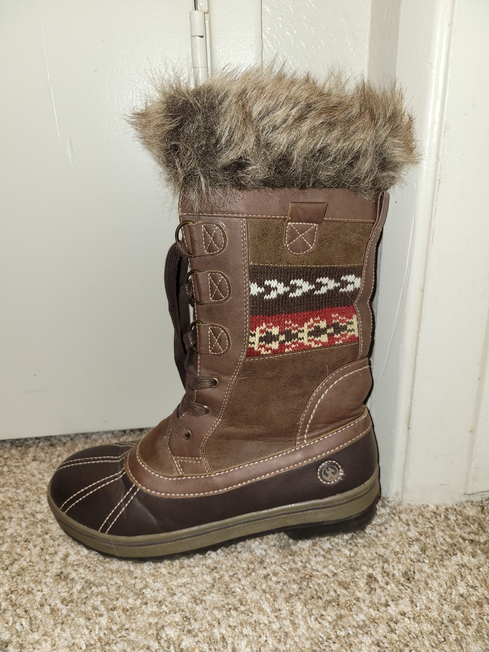 Northside Brown Faux-Fur Cuff Lace-Up Winter Boot with Knit Accent